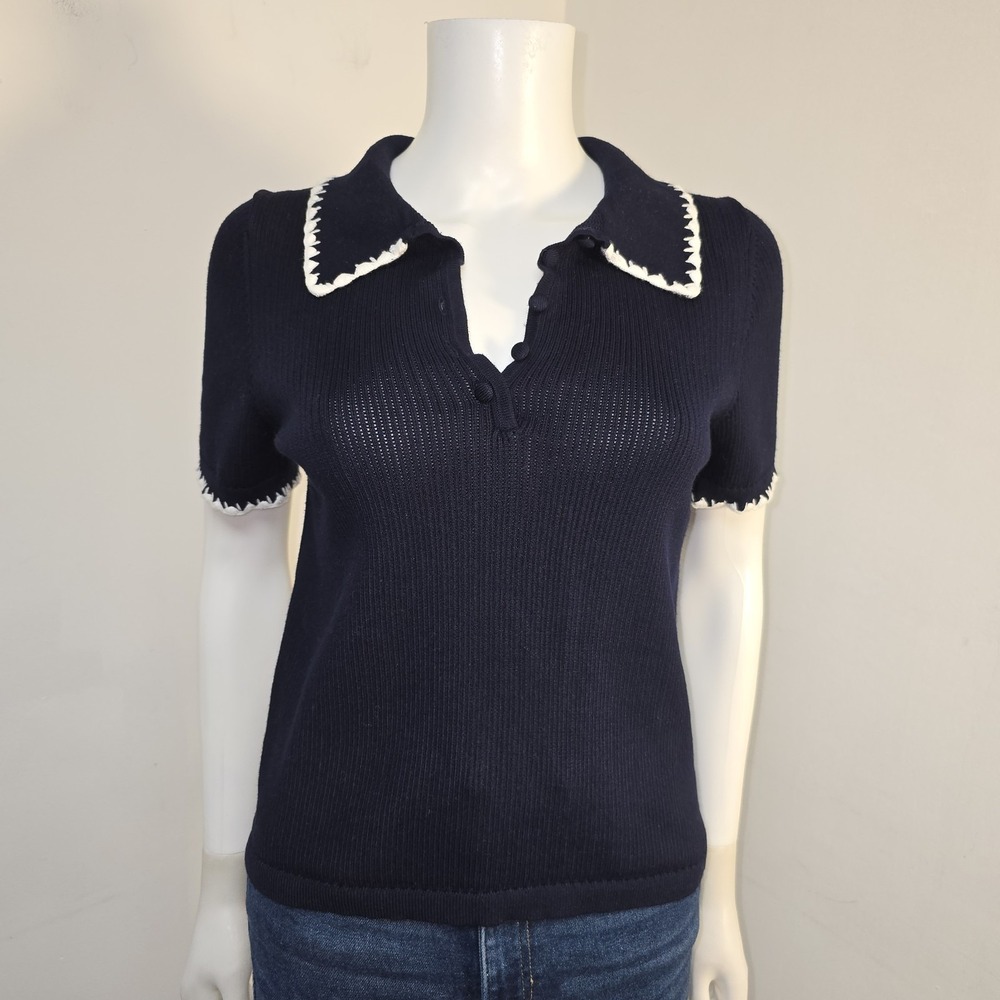 Caroline Constas Short Sleeve Sweater Knit Polo Top Size M Fitted Scallop Trim